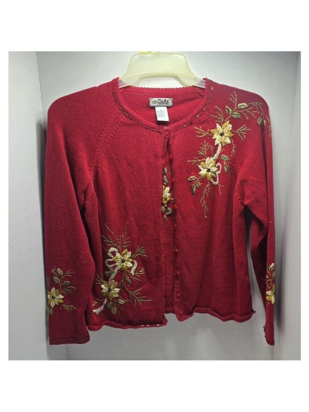 Vintage Tiara International Red Embroidered Womens Cardigan Sweater Size L